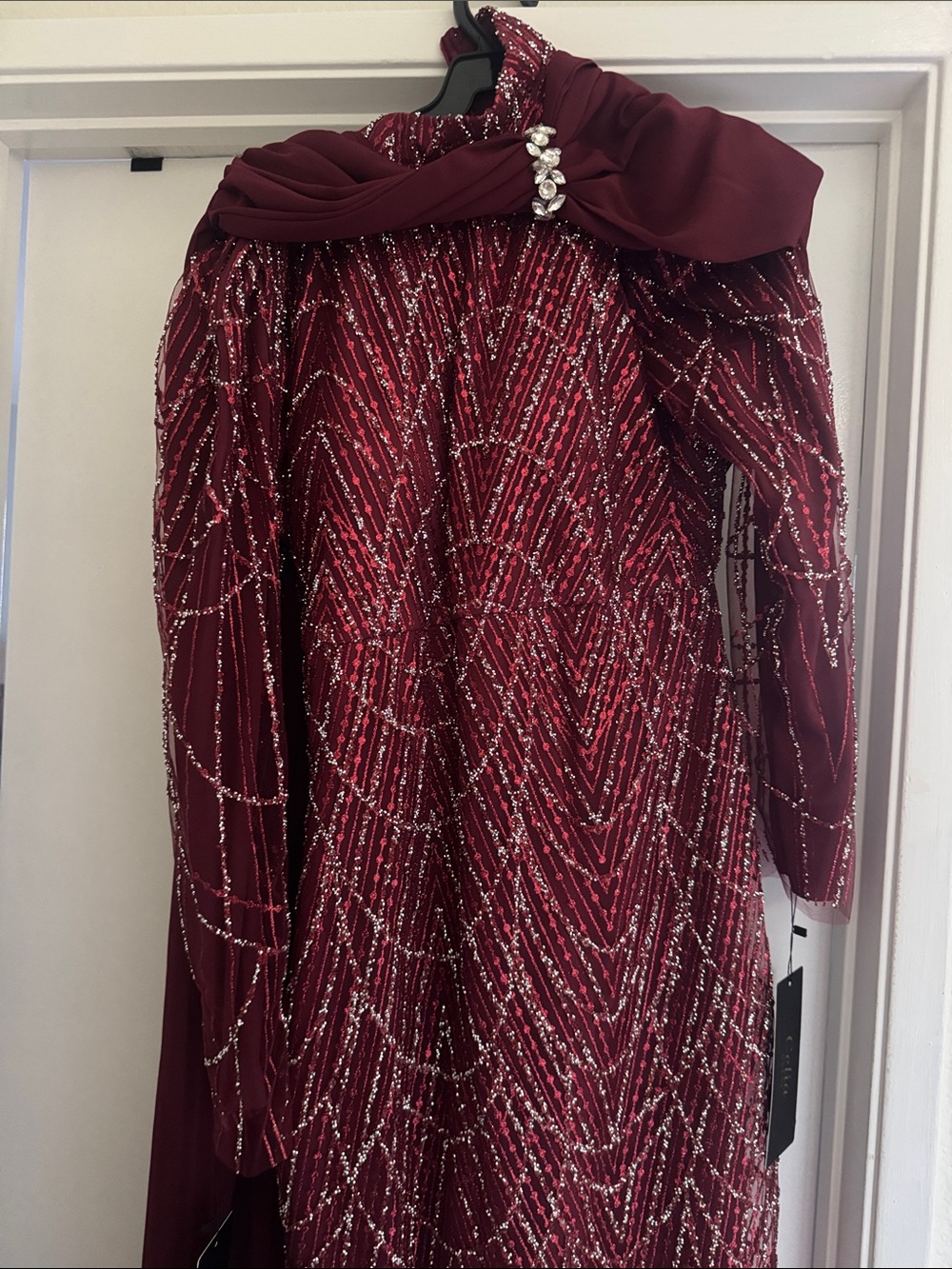 CeliaB Burgundy Beaded Draped Neck Evening Wedding Gown